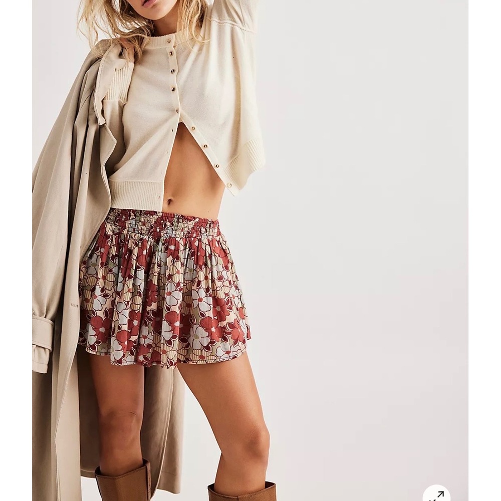 Free People Siena Floral Smocked Mini Shorts Rust Sage Boho Pockets S Small